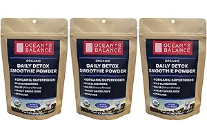 OCEAN'S BALANCE CLEAN TASTE OF MAINE Ocean's Balance Daily Detox Smoothie Powder – Organic Blend with Blueberry, Spirulina, Dulse Seaweed & Barley Grass – Nutrient-Rich Superfood Smoothie Mix (4 oz - 3 Pack)