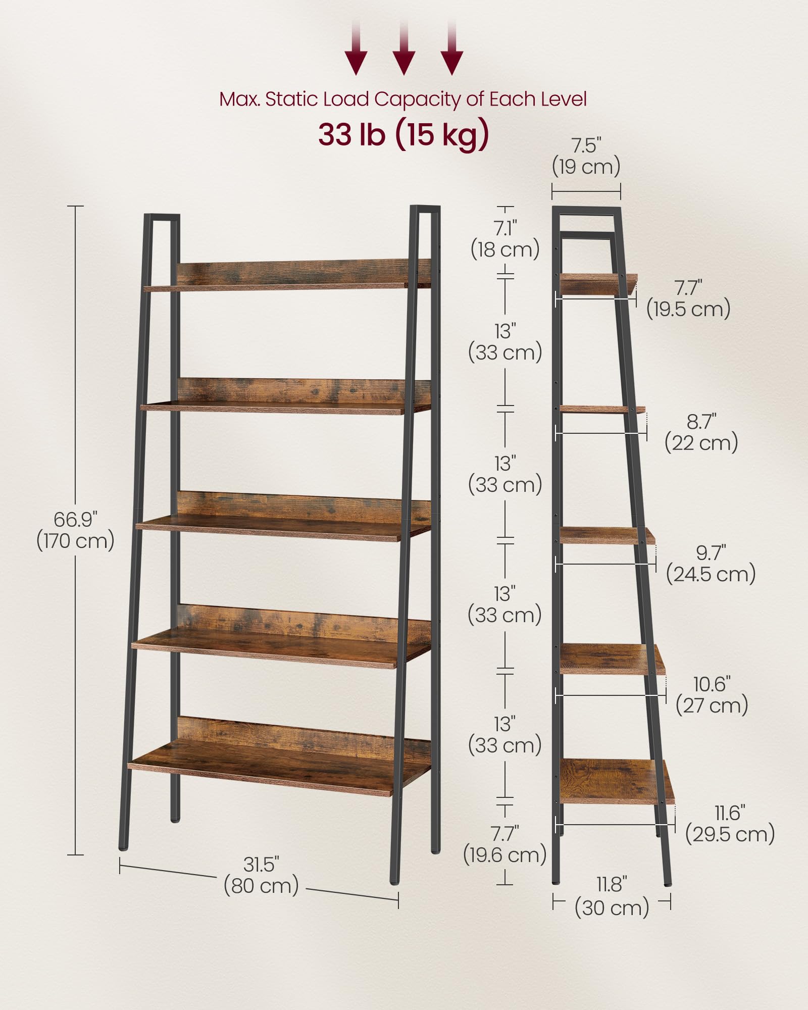 VASAGLE Bookshelf, 5-Tier Bookcase, 11.8 x 31.5 x 66.9 Inches, Ladder Shelf for Home Office, Living Room, Bedroom, Kitchen, Rustic Brown and Ink Black ULLS129B01