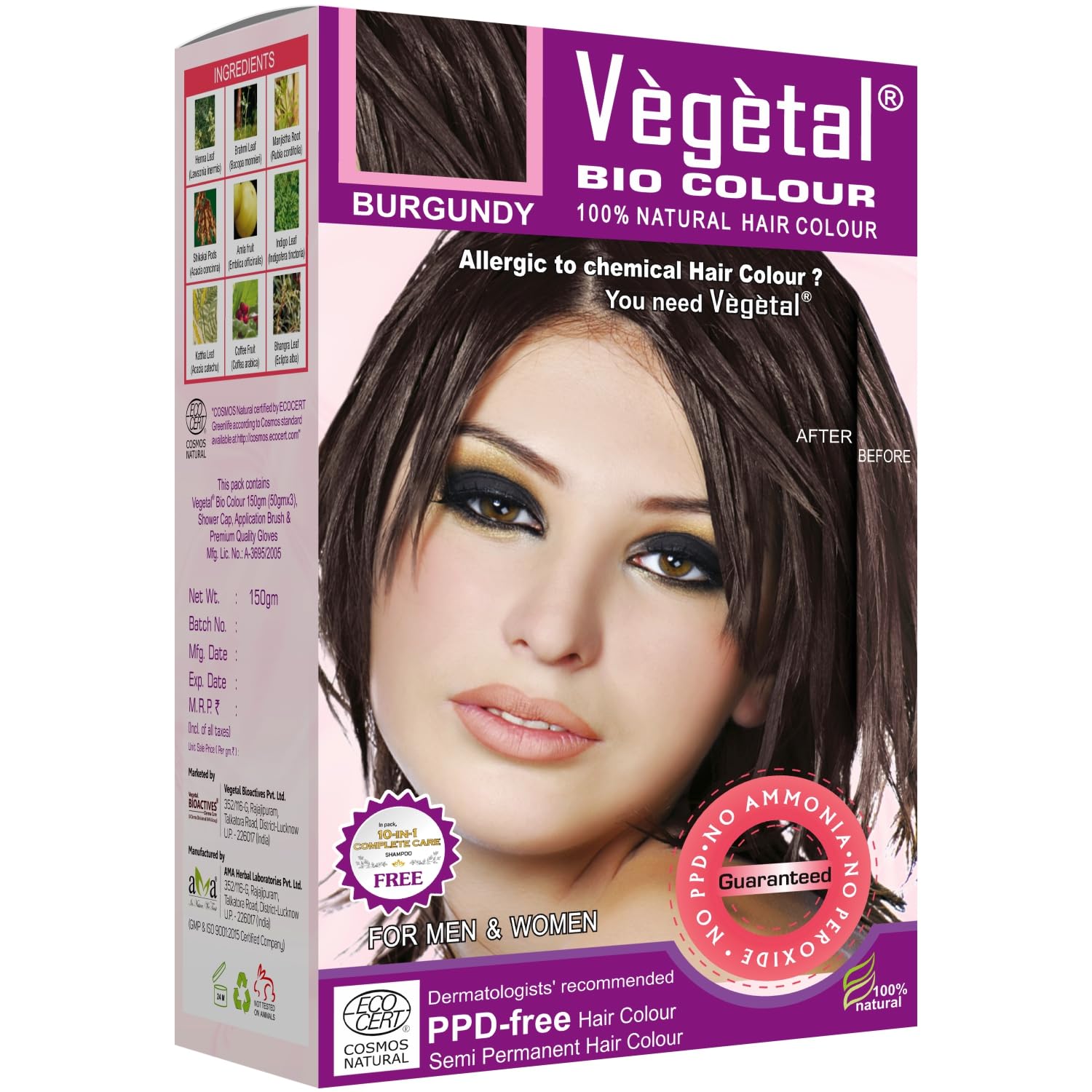 Vegetal Bio Hair Colour -Burgundy 150g | Achieve Natural, Ammonia and PPD-Free Hair Color |Herbal Certified Organic Hair Dye for Men and Women with Complete Kit | UV Protection and Luster Maintenance