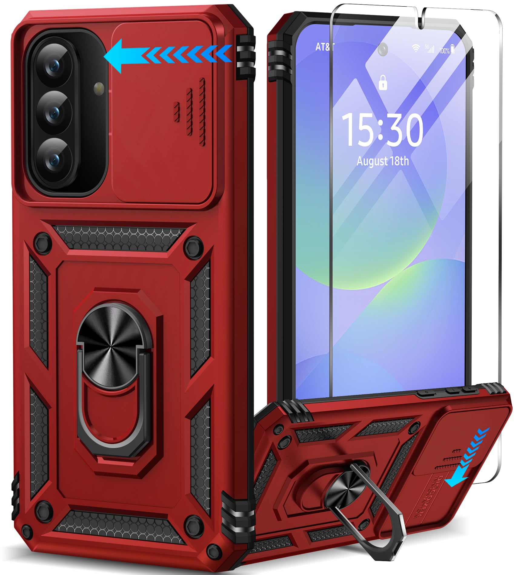 Taisairu for Samsung Galaxy A36 Case with Screen Protector & Slide Camera Lens Cover, Built-in 360°Rotate Ring Stand Shockproof Protective Case for Samsung A36 5G/Samsung A56 5G Case (Red)