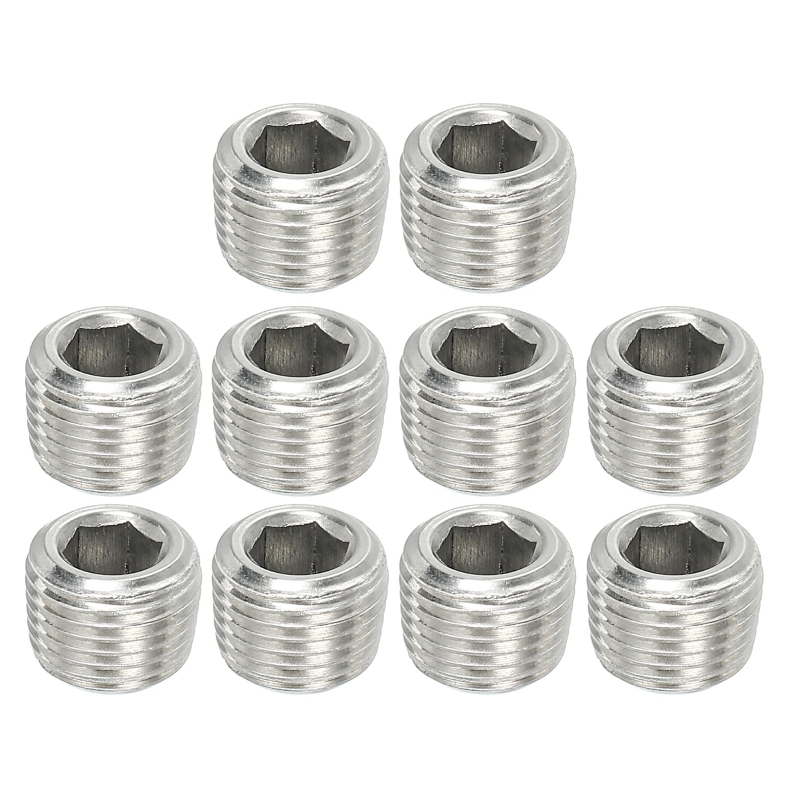 PATIKIL 1/8NPT Male Pipe Plug Internal Hex Thread Socket, 10 Pcs Solid Stainless Steel Pipe Plug Fitting Set Hex Counter Sunk Pipe Plug for Pipe Air Tanks, Silver