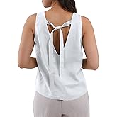 Amazhiyu Women's 100% Linen Tank Tops Summer V Neck Sleeveless Tie Back Blouses White, Small