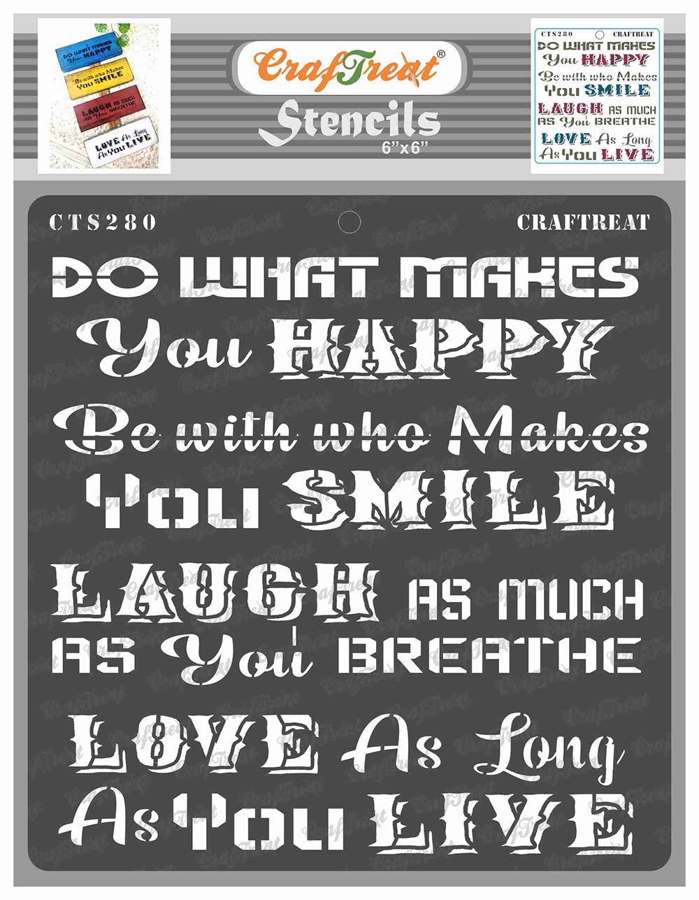 CrafTreat Reusable Home Decor Stencils for Painting on Wood, Canvas, Paper, Fabric, Floor, Wall and Tile - Happy Smile - 6x6 Inch - DIY Art and Craft Stencils - Quote Stencils for Wood