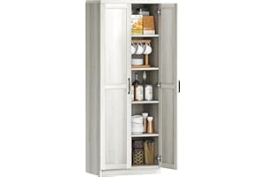 HOMCOM 63" 2-Door Kitchen Pantry, Freestanding Storage Cabinet with 5-Tier Shelving and 2 Adjustable Shelves for Dining Room, Antique White