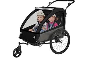 Sepnine 2-in-1 Kids Bike Trailer and Stroller with Suspension – Bike Trailer for 1 to 2 Children, Jogging Function, Foldable, 5-Point Harness, Spacious Storage, with Bug Screen and Weather Shield