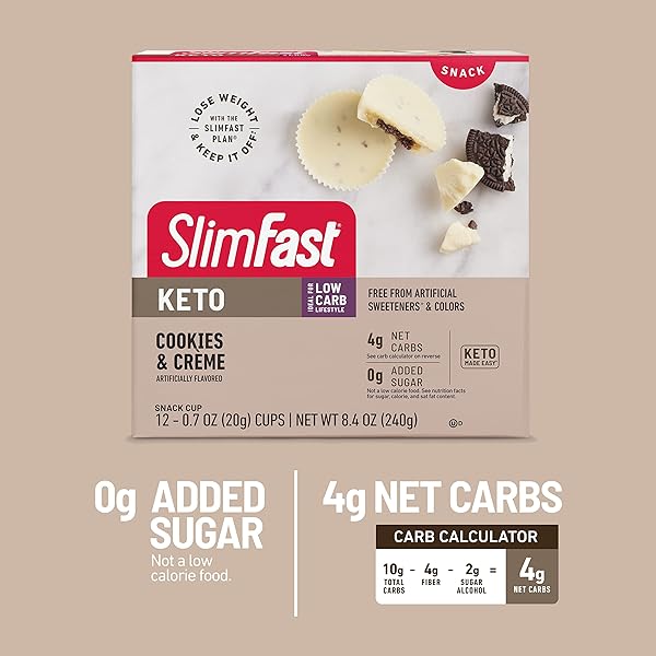 SLIMFAST LOW CARB CHOCOLATE SNACKS, KETO FRIENDLY FOR WEIGHT LOSS WITH 0G ADDED SUGAR & 4G FIBER, COOKIES & CRÈME, 12 COUNT