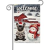 Welcome Christmas Garden Flag Winter French Bulldog-Garden Flags 12x18 Double Sided Burlap Snowman Rustic Farmhouse Dog Yard Flags for Seasonal Xmas Holiday Decoration(7978)