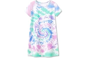 Tebbis Teen/Little Girls Nightgown – Summer Short Sleeves Sleepwear Trendy Tie Dye Spiral Nightdress Pajama Size 6-16