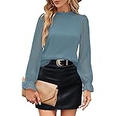 Aifer Womens Blouses Trendy Dressy Casual Tops Elegant Puff Long Sleeve Shirts Ruffle Mock Neck Plain Chiffon Outfits