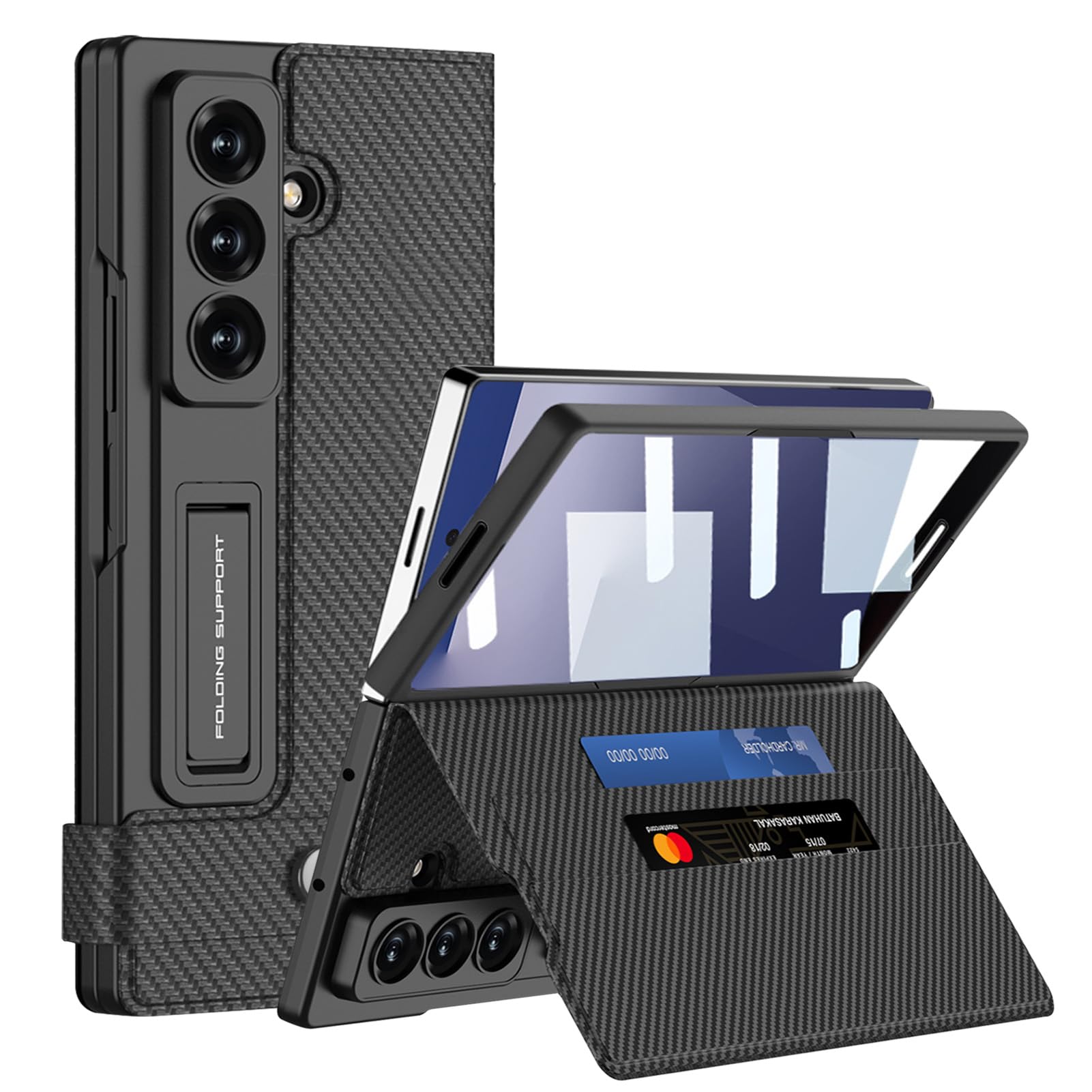 Photo 1 of DEMCERT for Samsung Galaxy Z Fold 7 Case with Card Holder, Fold Leather All-Inclusive Cover with Screen Protector Kickstand for Galaxy Z Fold 7 (Carbon Fibre)