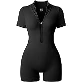 OQQ Women Rompers Ribbed Short Sleeve Zip Front Stretch Tummy Control Yoga Workout Rompers