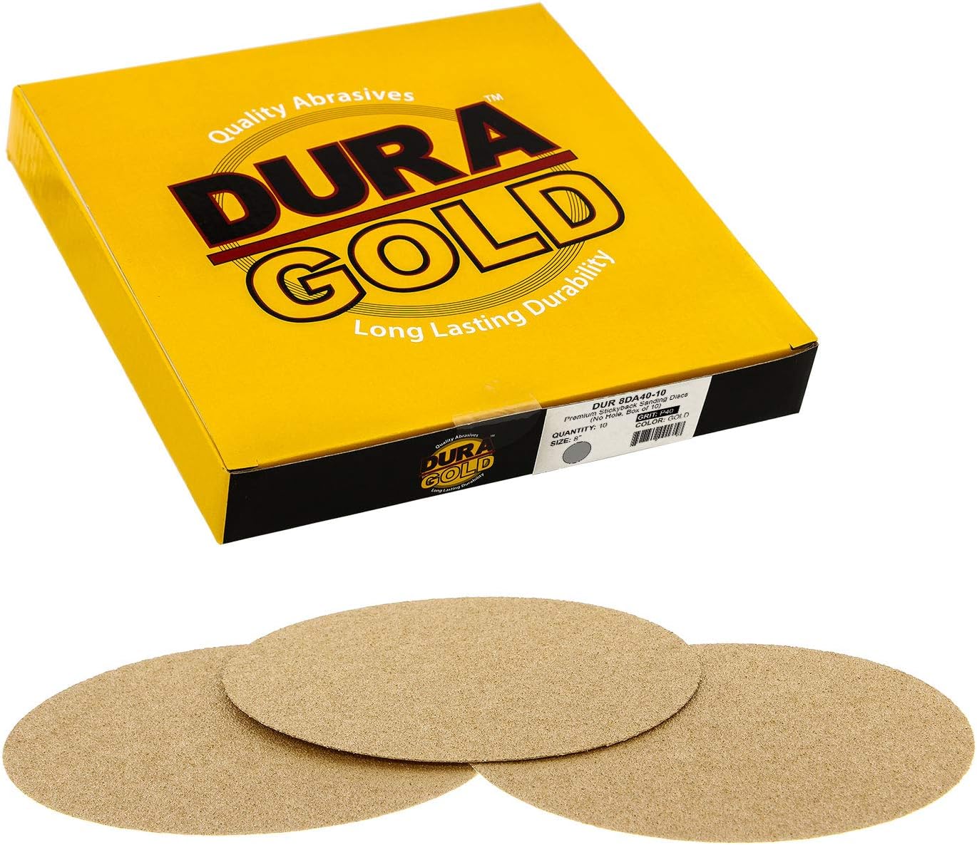 Dura-Gold - Premium - 40 Grit 8" Gold PSA Self Adhesive Stickyback Sanding Discs for DA Sanders - Box of 10 Sandpaper Finishing Discs for Automotive and Woodworking - - 