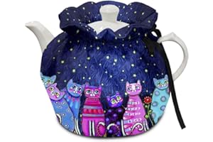 Xoenoiee Cute Cat Starry Night Print Tea Cozy Cotton Tea Cosy for Teapots Keep Warm Teapot Cover Insulated Kettle Cover for Home Kitchen Table Decor