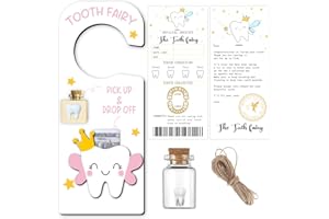 WUGUIMEII 3 Pcs Tooth Fairy Holder with Receipt Cards and Keepsake Bottle - 3D Tooth Fairy Door Hanger Wooden Box - Cute Keepsake Gifts for Lost Teeth Boy Girl Milk Teeth(Pink)