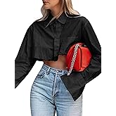 Wcuvbv Women Cropped Button Down Shirt Asymmetric Hem Long Sleeve Collared Blouse Top