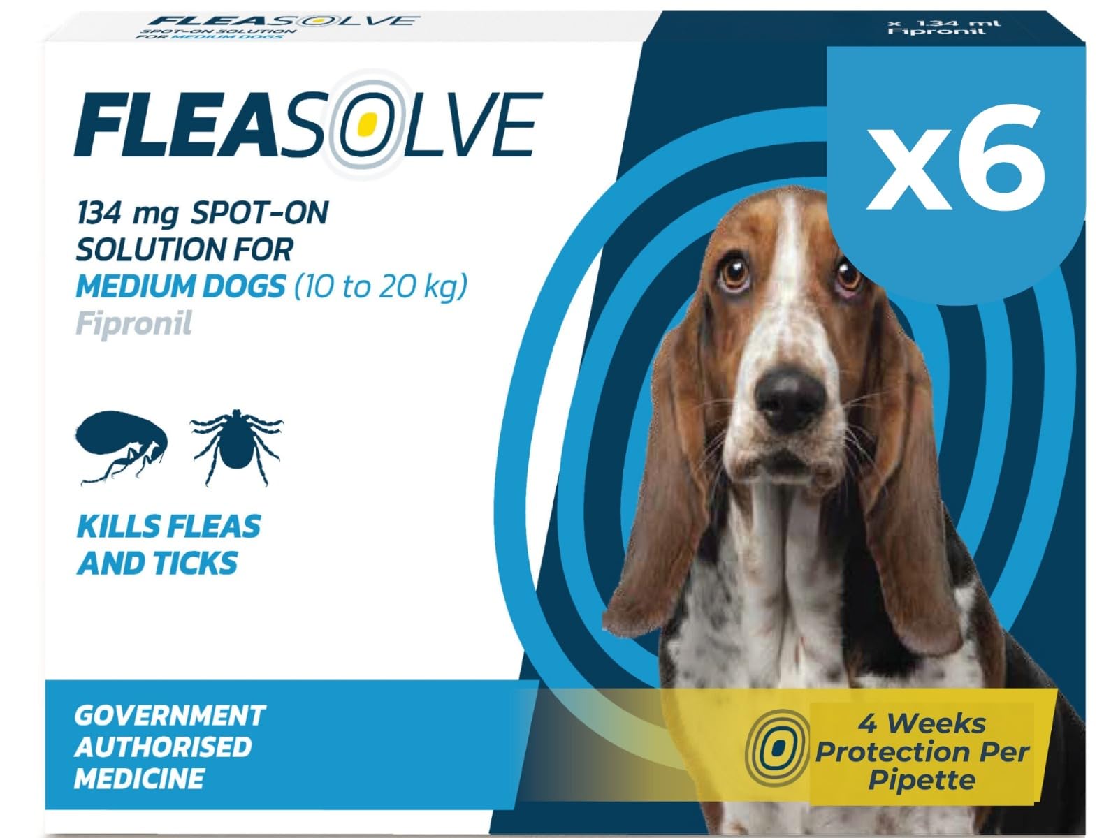 Dog flea treatment medium dog x 6 - Flea treatment for dogs medium 10-20 kg - Spot-On solution for flea and tick control - FleaSolve 6 Pipettes, 6 Doses