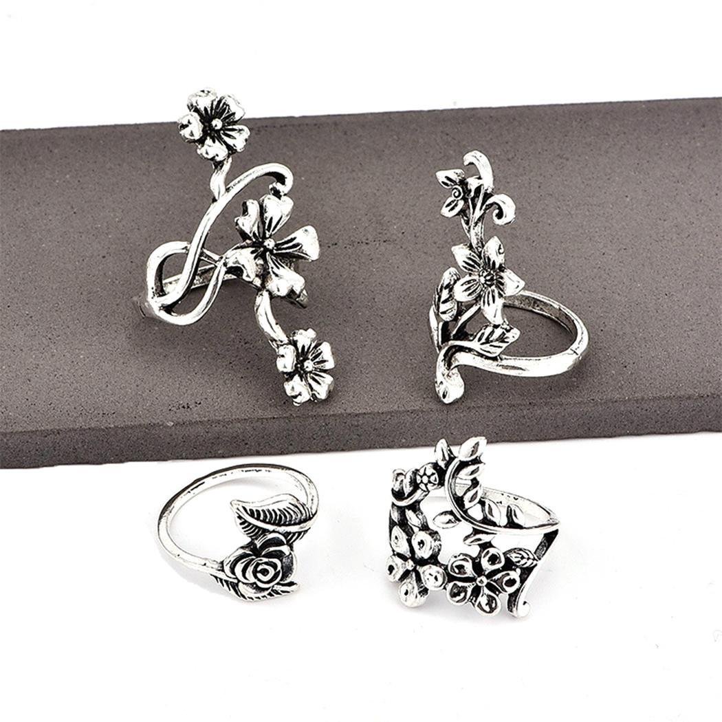 Hotstype 4 Pcs Vintage Style Carved Rose Flower Leaf Ring Set Rings