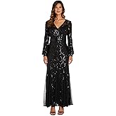 R&M Richards Women's Long Sequin Mesh Gown W/V-Neck, Blouson Sleeves & Godet Inserts - Formal Evening Cocktail Wrap Dress