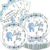 40pcs Blue Floral Baby Shower Decorations Boys Gender Reveal Supplies Spring Rose Blue Baby Shower Plates and Napkins,Suitable for 20 Guests
