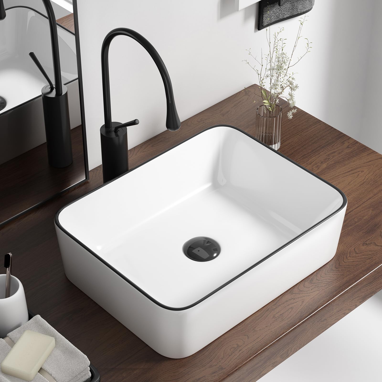 Photo 1 of 19 Inch Rectangular Bathroom Sink Above Counter, QISHKA White Ceramic Vanity Vessel Sink With Black Edges - 19" x 15" Countertop Rectangle Hand Wash Sink Porcelain Art Basin