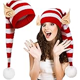 Funtery Christmas Knitted Elf Hats with Ears for Adults Women Men Red and White Elf Beanie Crochet Long Santa Hats Beanie Elf Costume Accessories Ideal for Christmas Celebrations