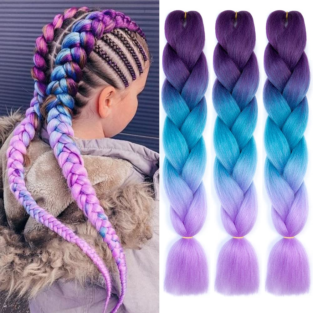 Colorfulpanda Jumbo Braiding Hair Extensions Ombre Color Three Tone Yaki Texture Synthetic Kanekalon Hair Extensions Artificial Braiding Hair 24inch 3 Pcs Dark Purple/Lake Blue/Light Purple