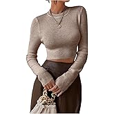 OYOANGLE Women's Crew Neck Ribbed Cropped Sweater Long Sleeve Solid Fitted Pullover Knit Tops
