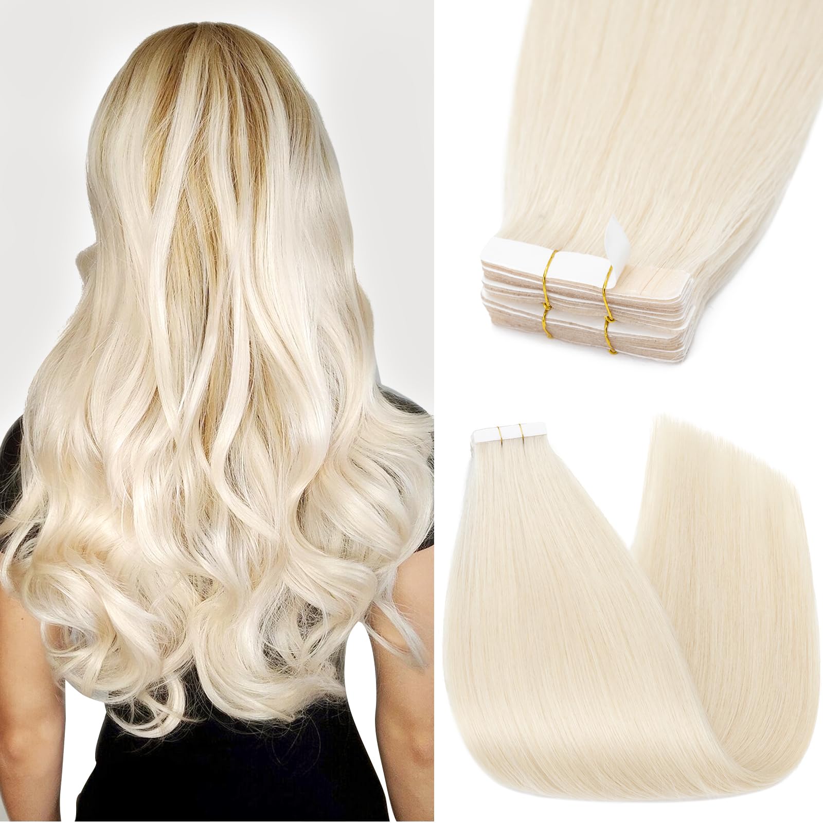 Silk-co Tape in Hair Extensions 14in 100% Real Remy Straight Human Hair Straight Invisible Glue Skin Weft 10 Pcs 20g #70 Bleach White