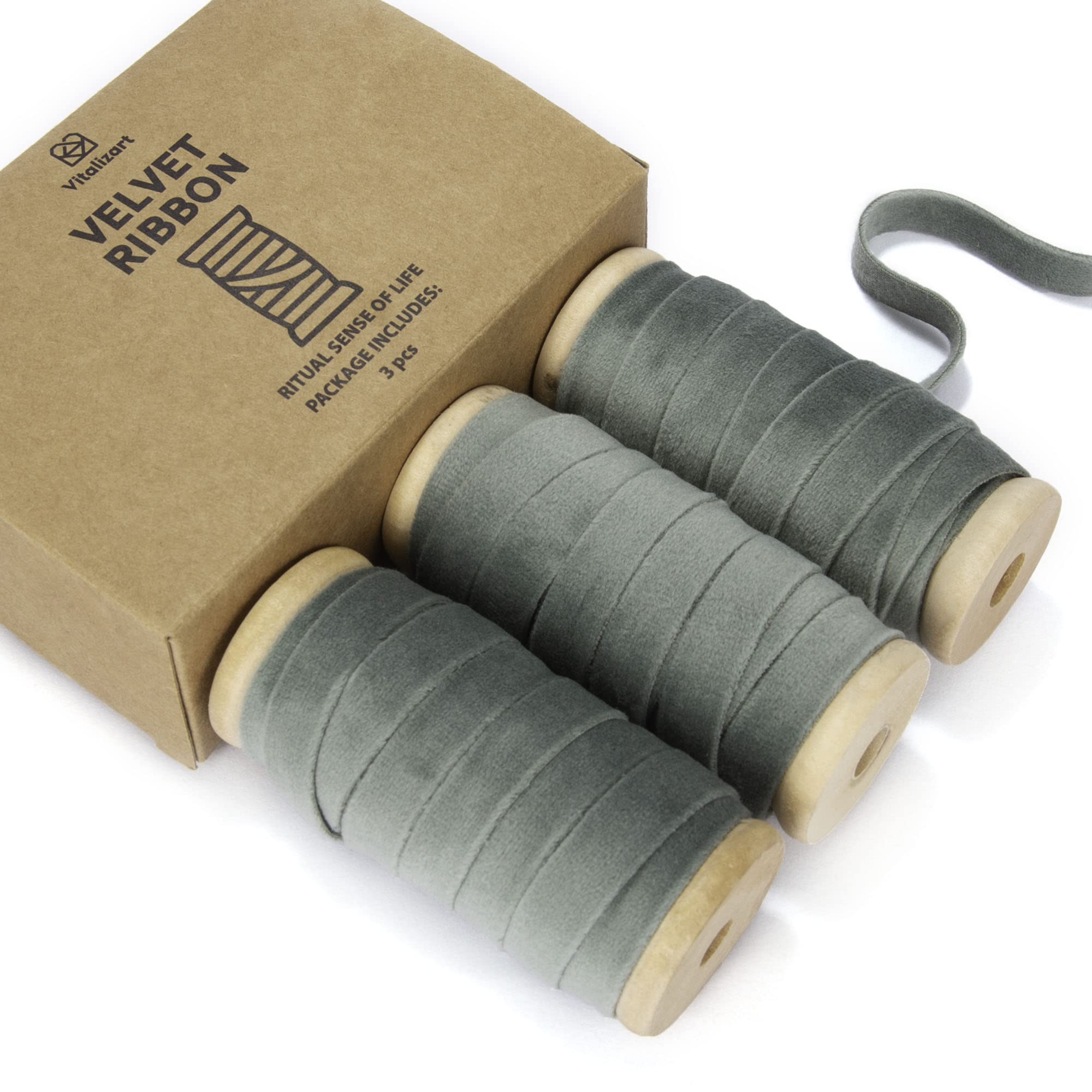 Vitalizart Dusty Green Velvet Ribbon Set 3/8" x 5Yd x 3 Rolls, Wooden Spool, Fabric Trim for Christmas Wreath Decoration, Handmade Craft, Ornaments, Gift Wrapping & Bow Making