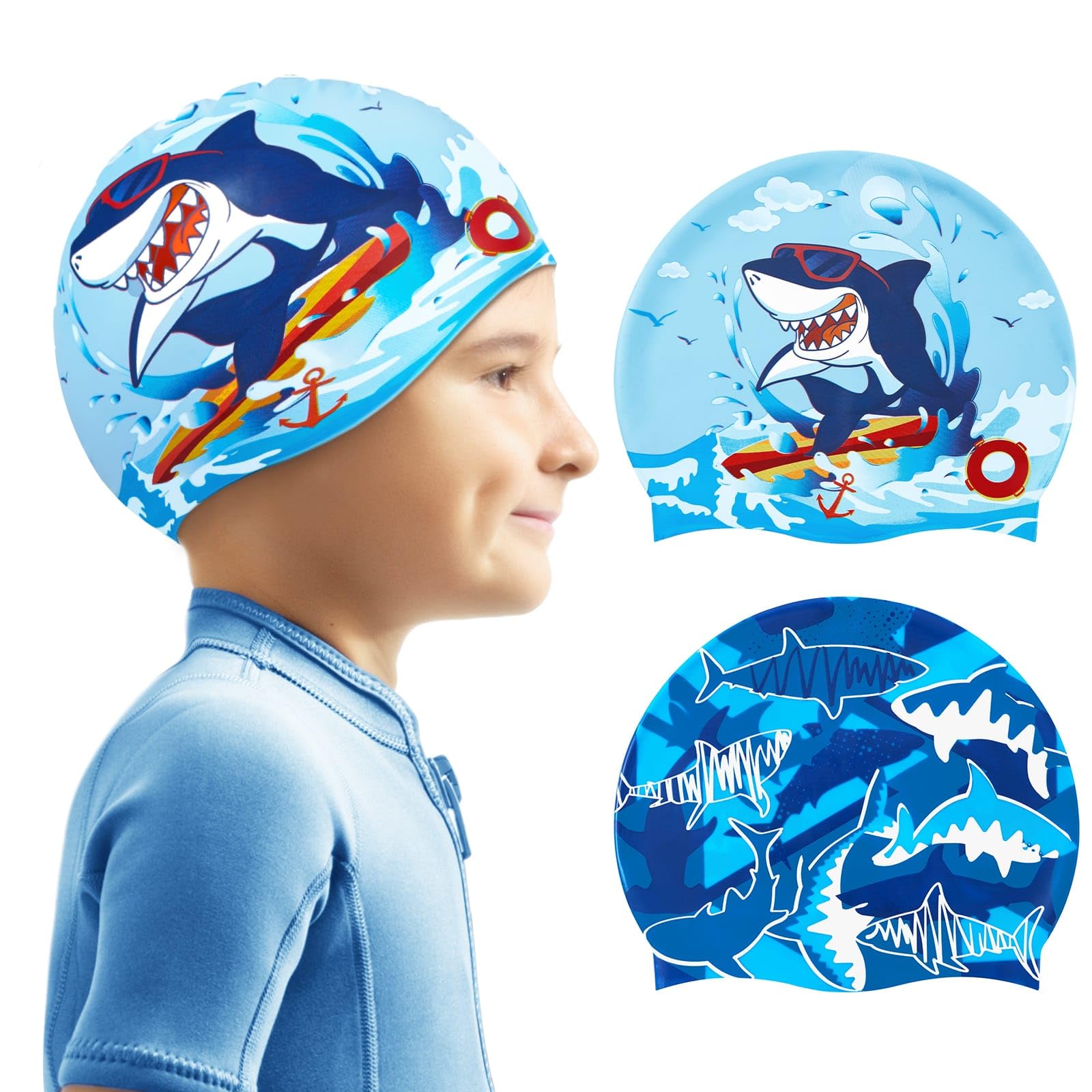 Photo 1 of 2 Pack Kids Swim Cap Durable Silicone Swim Caps for Boys Girls Toddler Waterproof Bathing Pool Swimming Caps Comfortable Kids Swimming Hats for Long and Short Hair (Blue Shark)