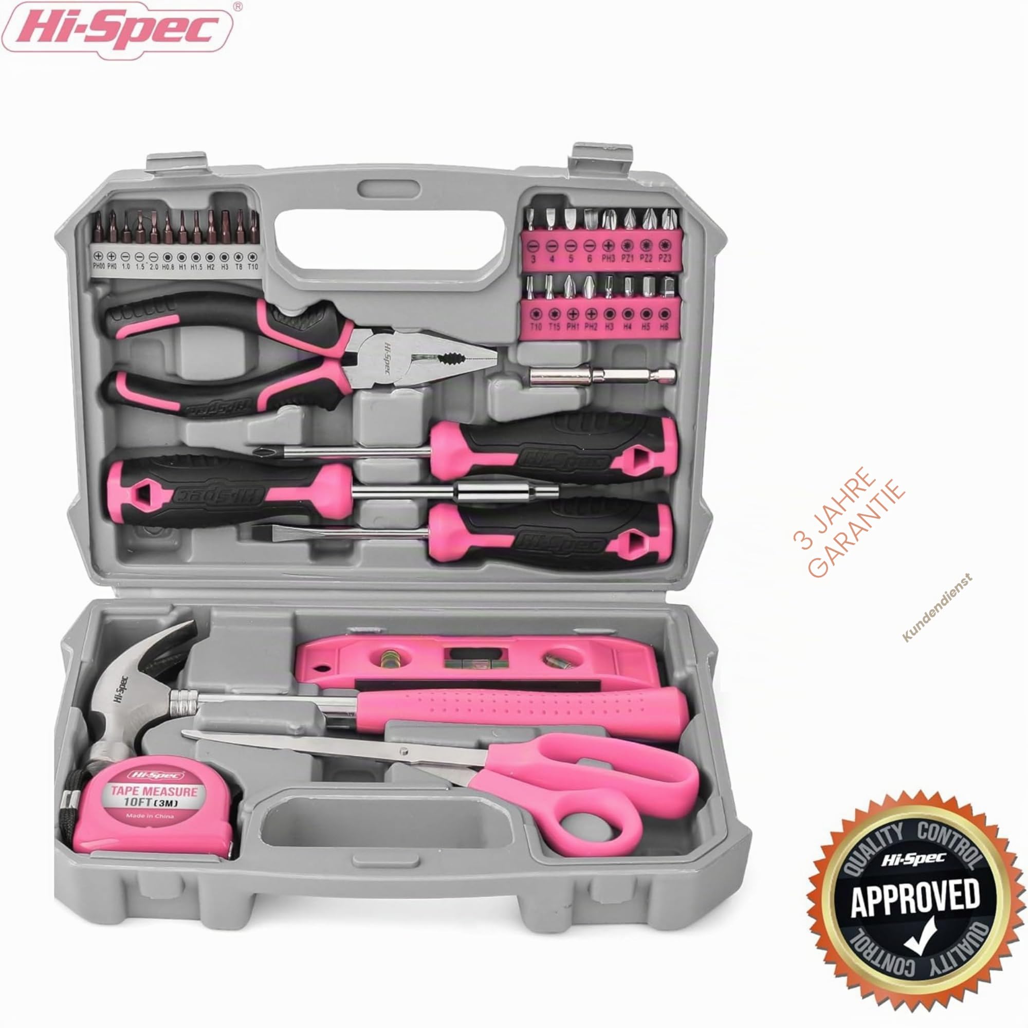 Hi-Spec Werkzeugset mit Koffer, Hammer, Bits und Maßband, Pink 7