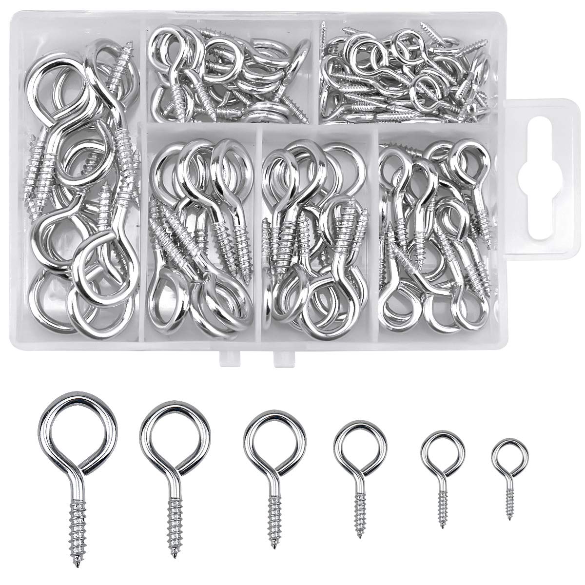 100pcs Screw in Eyes Hooks, Eyelets Hooks for Wood, Eye Bolts Screw in Rings, Metal Eye Screw Hooks with Storage Box for Outdoor Indoor DIY Craft Projects Hanging Ornament, 6 Mixed Sizes Silver