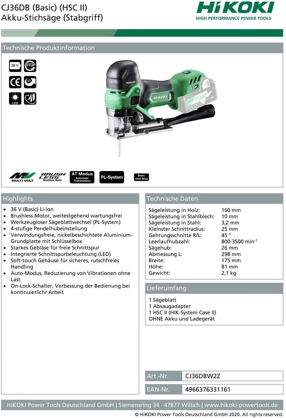 Hikoki CJ36DBJ3Z 36v Brushless Multivolt Barrel Handle Jigsaw (Body), Green-black - Image 3