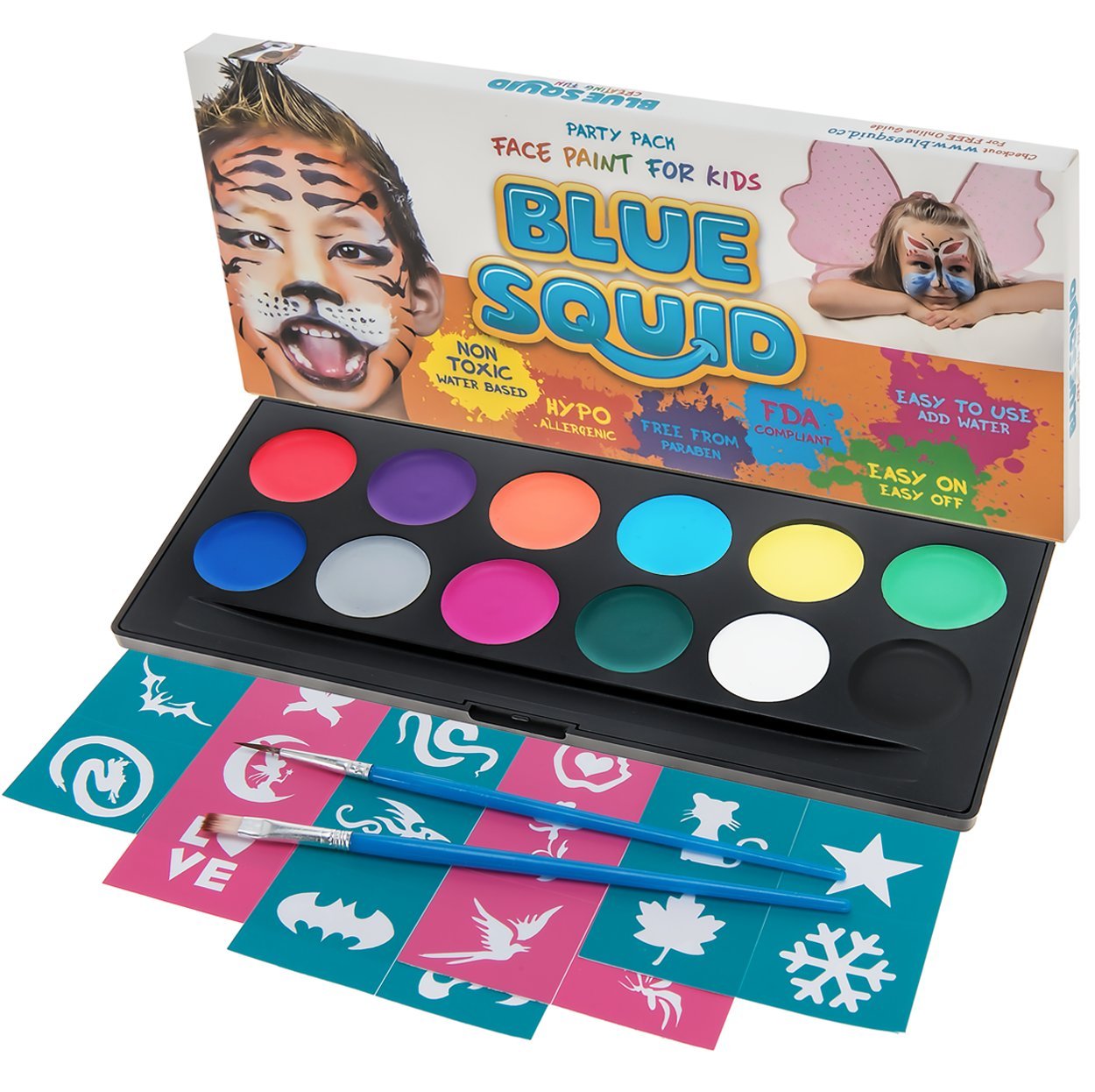 Blue Squid Face Paint Kit for Kids 12 Colours, 30 Stencils, 2 Brushes