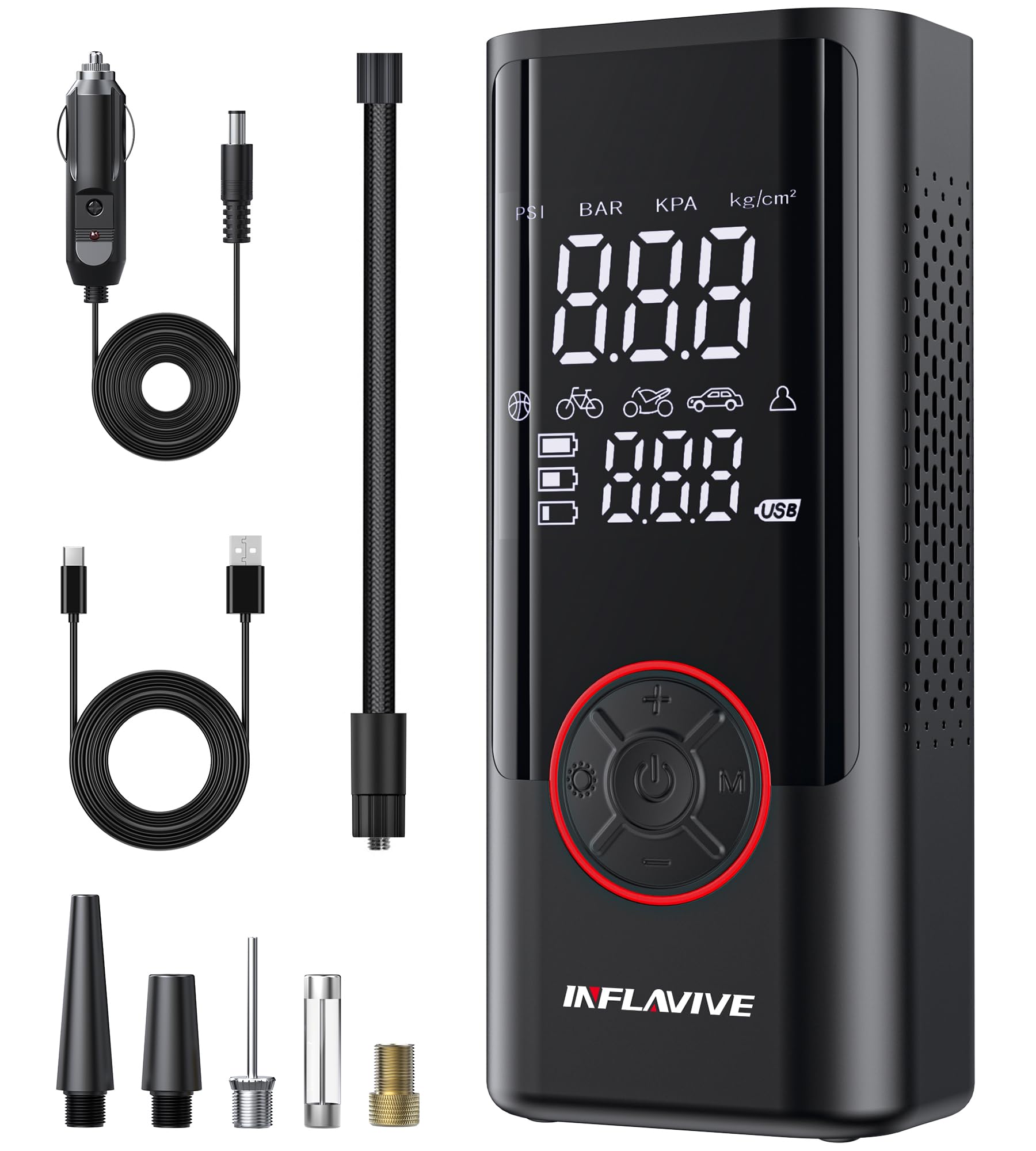 Photo 1 of InflaVive Tire Inflator Portable Air Compressor, 150 PSI Cordless Air Pump for Car Tires, Electric Bike Tire Pump with Pressure Gauge, LED Light for Car, Motorcycle, Bicycle, Ball