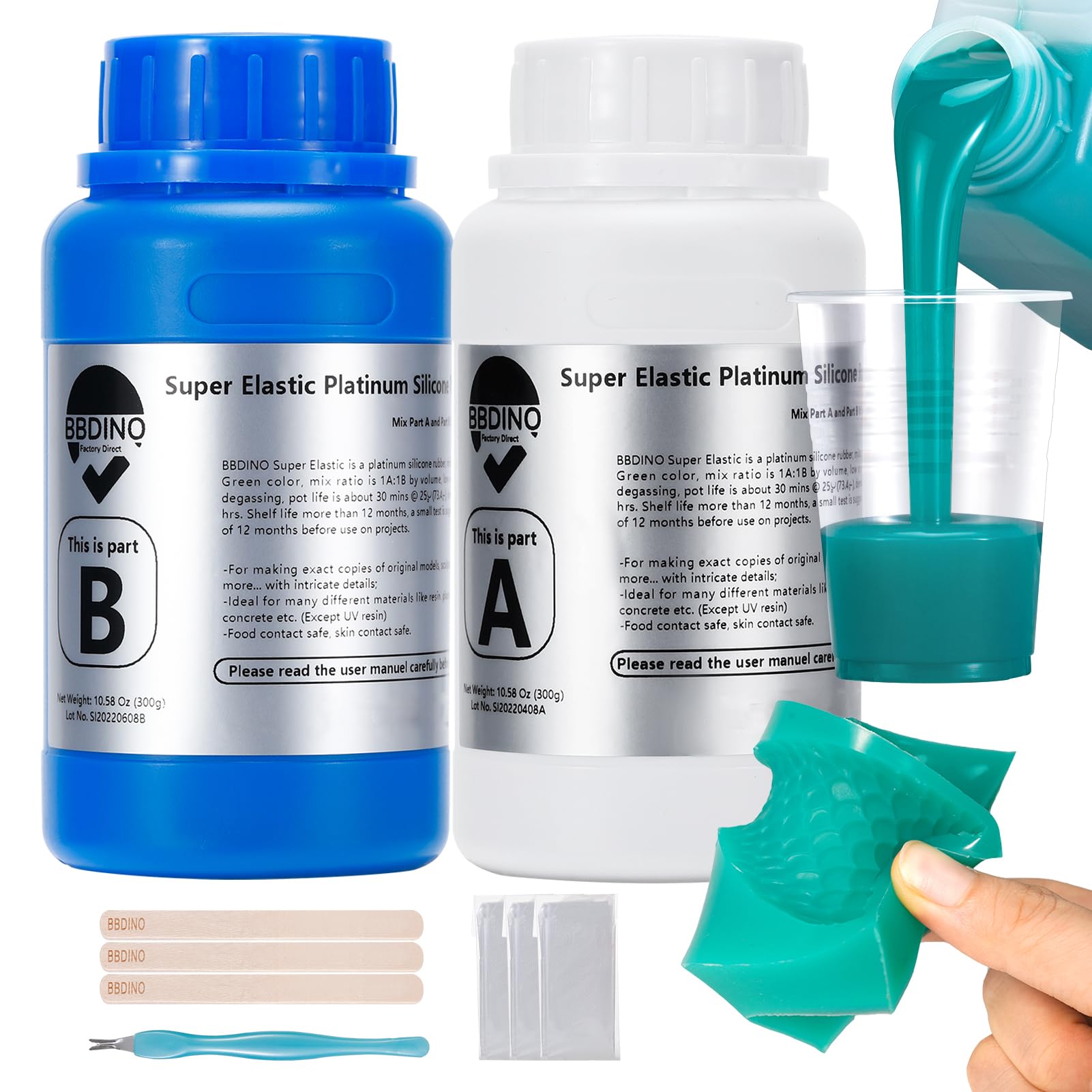 BBDINO Silicone Mold Making Kit, Super Elastic Liquid Silicon for Mold Making, N.W. 21.2 oz, 1:1 by Volume, Jade Green, Ideal for Casting Silicone Molds for Resin/Plaster/Wax/Jewelry etc.