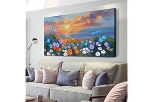 Ardemy Landscape Wall Art for Living Room Coastal Sunset Flower Canvas Textured Bedroom Floral Wildflower Blue Ocean Painting Nature Seascape Framed Large Size Artwork Home Office Wall Decor 40"x20"