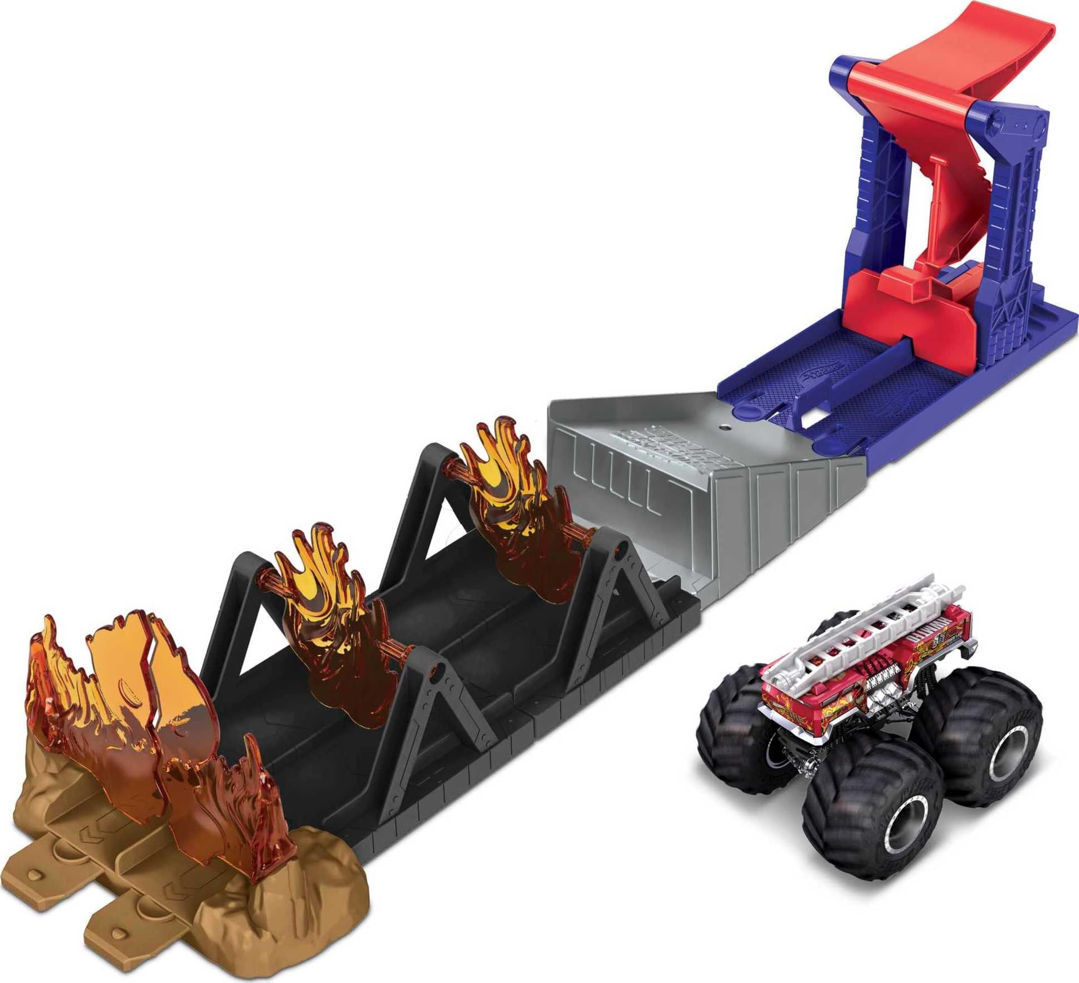 Hot Wheels Monster Trucks Fire Through Hero Playset with 1:64 Scale Die-cast 5 Alarm Vehicle & Launcher, Gift for Kids Ages 3+, GYL12