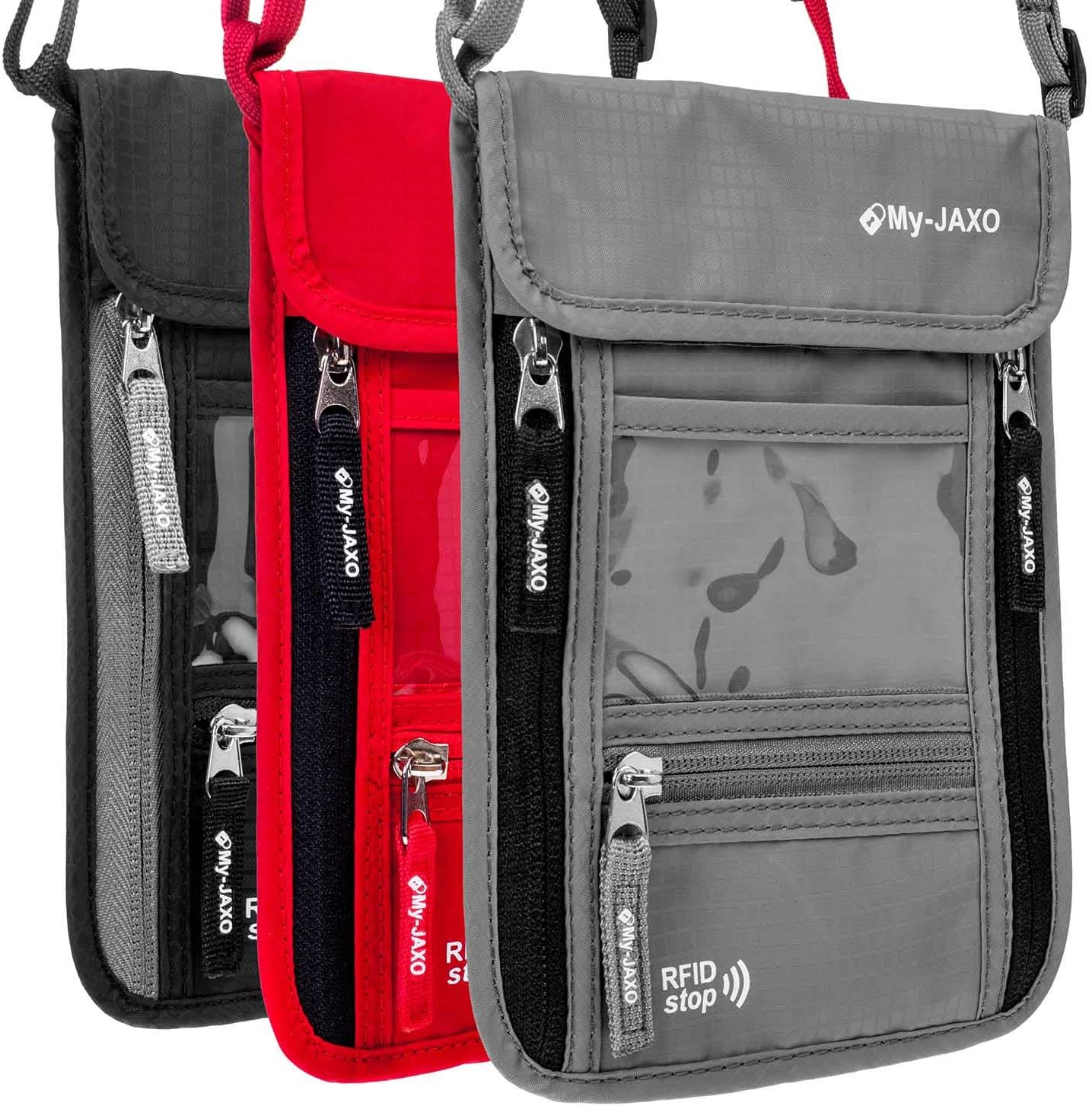  | My-JAXO Premium Family Travel Neck Pouch Wallet Safety Passport Holder Keep Cash And Documents Safe for Men and Women Peace Of Mind on your Travel with RFID Blocking Black, Grey, Red | Travel Wallets