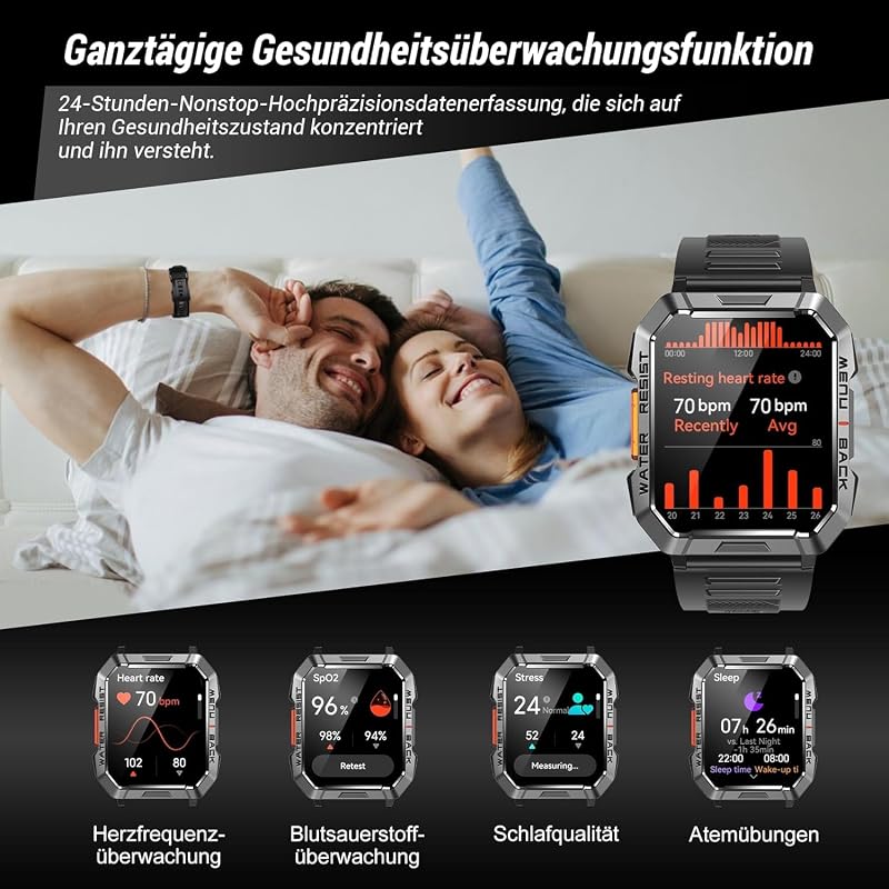 Smartwatch Herren Militär,100 Tage Akku, LED Taschenlampe, Bluetooth-Anrufe, Fitness-Tracker,100+ Sportmodi, Herzfrequenz-&SPO₂-Monitor, IP68 Wasserdicht, Schlafüberwachung, Android iOS