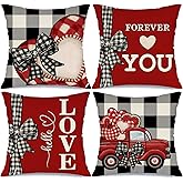MODOVOS Valentine's Day Forever Love You Throw Pillow Covers 18x18 Set of 4 Buffalo Plaid Bow Truck Valentine Heart Wedding Cushion Case Decoration for Sofa Couch