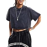 Wyeysyt Womens Cropped T Shirts Vintage Oversized Cotton Tees Short Sleeve Casual Streetwear Washed Basic Tee Tops(Navy-XL)