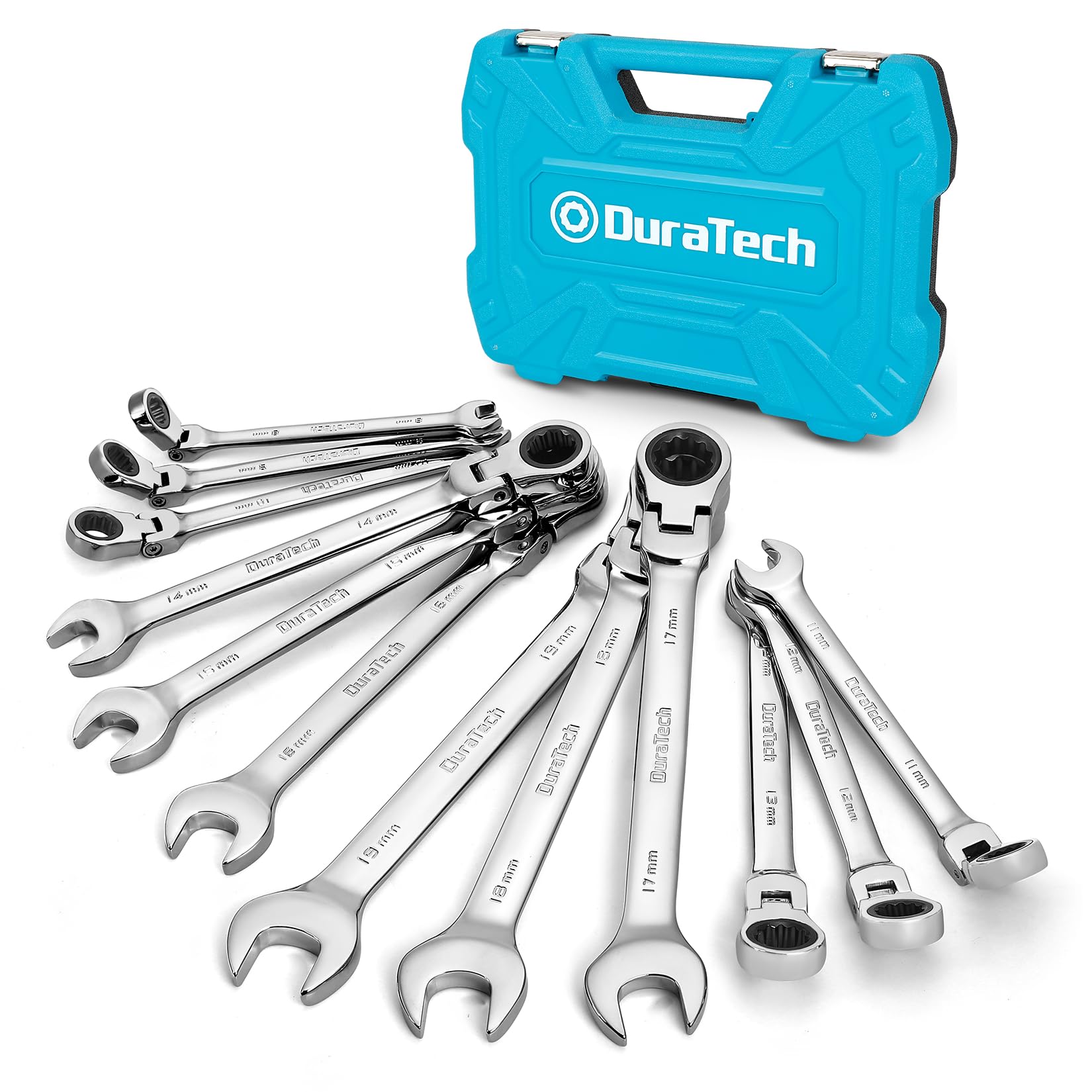 DURATECH 12-Piece Flex-Head Ratcheting Spanner Set 8-19 mm, Combination Wrench Set with 72-Tooth Ratchet Gear, Cr-V Steel, Metric, Organized in Storage Case