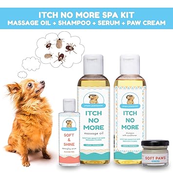 Papa Pawsome Itch No More Spa Kit for Pet Dog - Itch No More Shampoo Plus Conditioner, 250 ml + Itch No More Massage Oil, 100 ml + Soft & Shine Detangling Fur Serum, 50 ml + Soft Paws Paw Cream, 30g