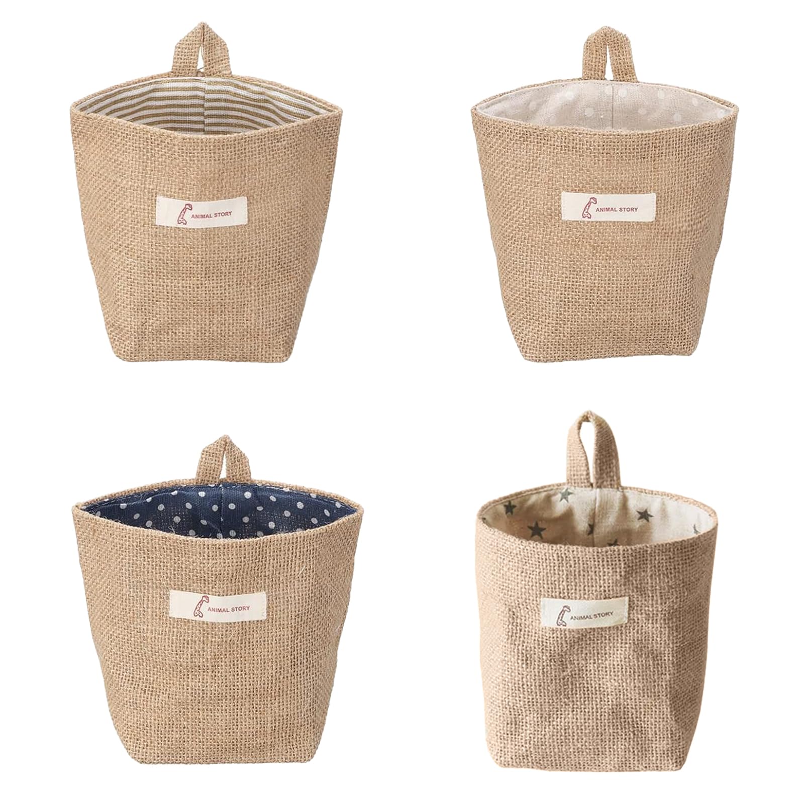 Monsully 4 Pcs Cotton Linen Storage Basket Bag, Foldable Hanging Cotton Linen Storage Organiser Bag for Toy Makeup Key Small Stuff, Potted Planting Bag, Desktop Storage