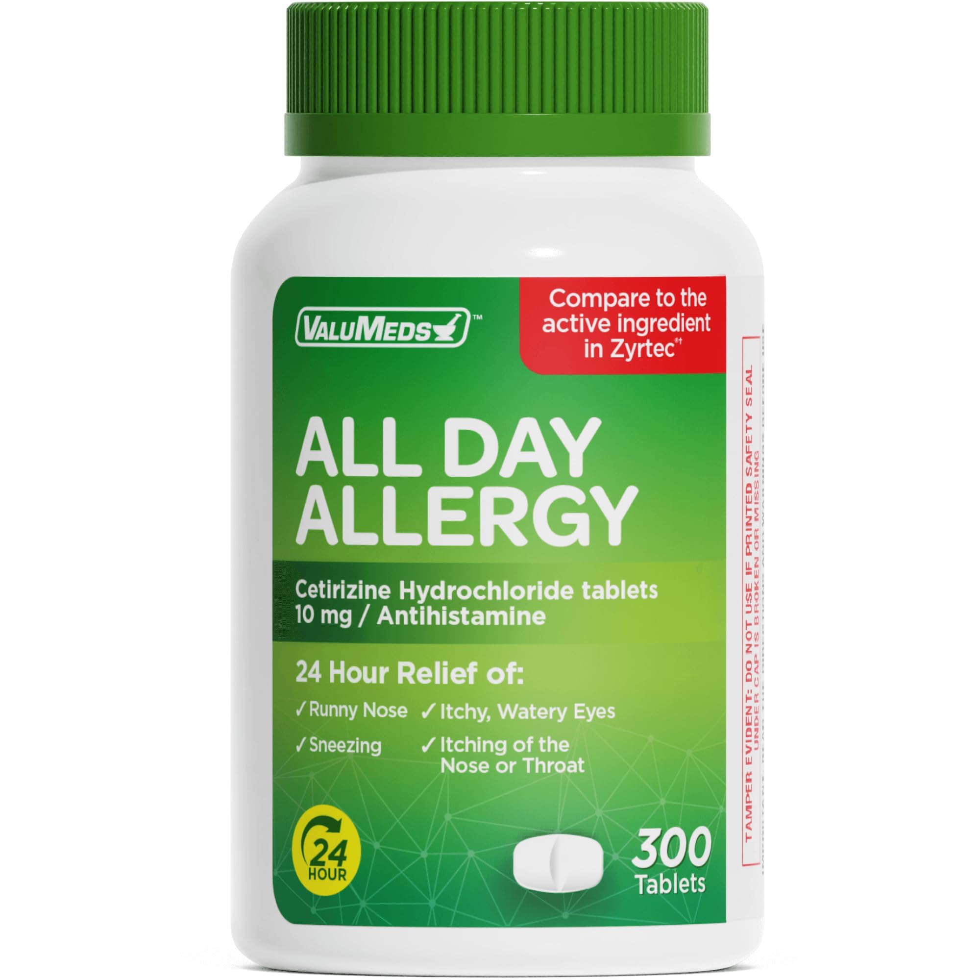 ValuMeds 24-Hour Allergy Medicine Antihistamine for Pollen, Hay Fever, Dry, Itchy Eyes, Allergies | Cetirizine HCl 10mg Caplets, Compare to Leading Brand (300 Count)
