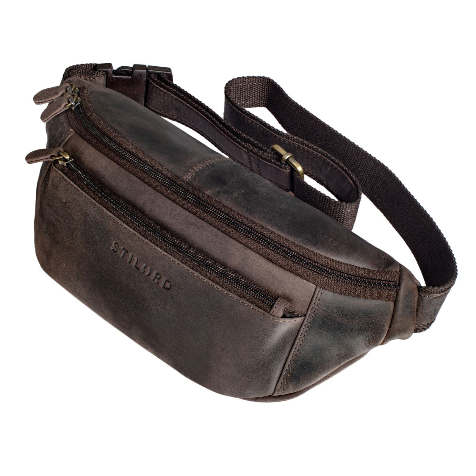 STILORD "Bryce" Vintage Fanny Pack Leather Belt Bag Large Vintage Bum Bag for Men Women Hip Bag Belt Bag Pouch for Jogging Festival Travel Colour:Dark - Brown