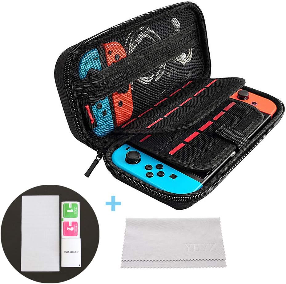 Carry Case & Screen Protector Compatible with Nintendo Switch, Protective Travel Hard Case (20 Card Holders, Large Capacity, No Stuck Zipper) + Tempered Glass Screen Protector (Black)