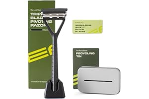 Leaf Shave | Leaf Razor Set, All-Metal Safety Razor with Pivoting Head & Adjustable Blade Loading, Includes Matching Stand, 50 Single-Edge Refills, and Recycling Bank for Used Blades - Black