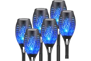 FAISHILAN 6-Pack Blue Solar Flickering Flame Torches – Waterproof Solar Garden Lights, Outdoor Solar Lights for Yards, and Flame Torches for Patio and Pathway Decorations